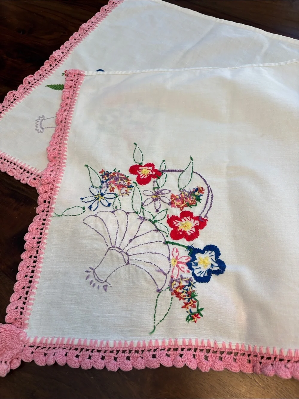 Embroidered Floral Linen Runner with Pink Crochet Trim- Fabulous!
